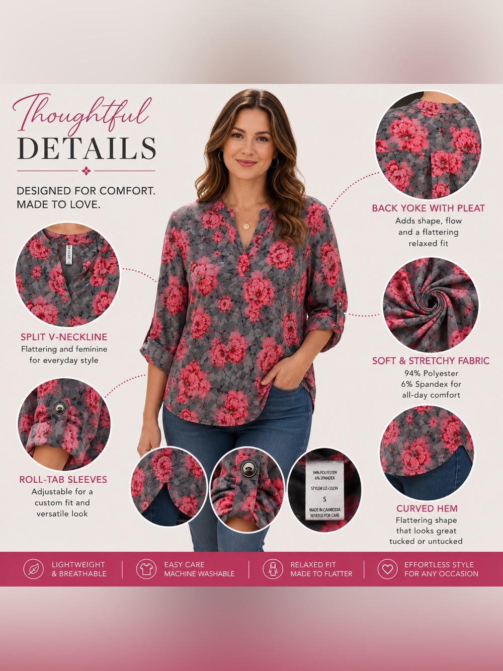 🆕 Multi Grey Floral Split Neck Roll Tab Blouse Size S M L NWT